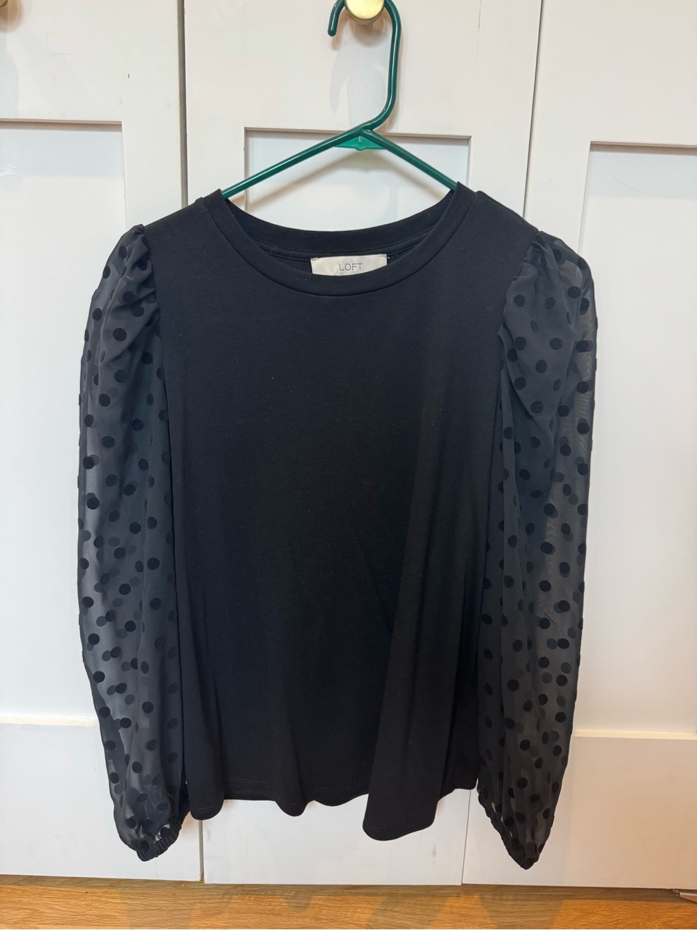 LOFT Black Long-Sleeve Top with Sheer Polka Dot Puff Sleeves